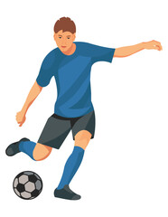 Teenage boy in a blue sports uniform playing football and going to kick the ball with his foot