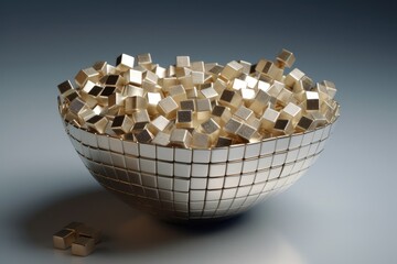 A silver bowl filled with gold square pieces