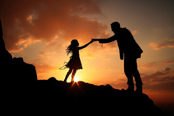 A man holds out a helping hand to a girl while climbing to a rock. Team Success Concept. Generative AI