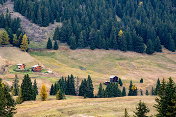 Wooden travel cabin tourist houses outdoor in the hill in autumn.