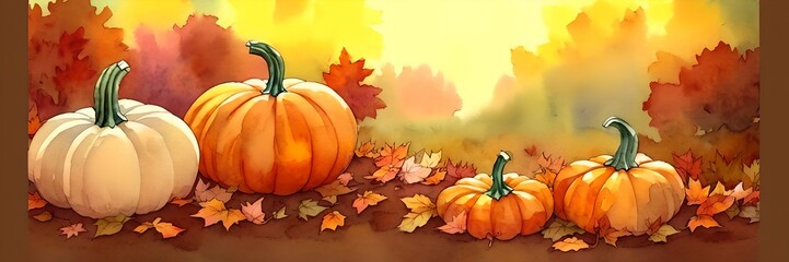 Naklejka premium Autumn pumpkins watercolor, generative ai