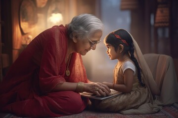 A young child learning from an elderly lady - Laptop Fictional Character Created By Generative AI