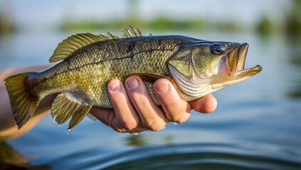 Obraz premium Fisherman hand holding fish he just caught in the water, generative ai