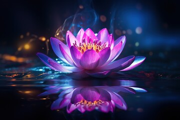 Beautiful pink water lily or lotus flower on dark background.Generative Ai