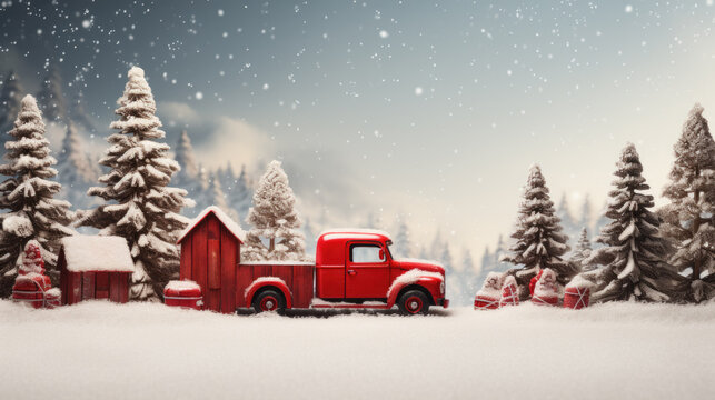 a small red miniature truck in winter with decorated fir trees and gifts. Generative AI