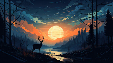creative illustration of deer at night by a river in the forest. Generative AI