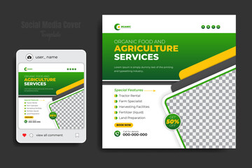 Organic and agricultural services social media post template. Lawn care, mowing and gardening promotional banner design template set, agriculture farm cover, business advertisement