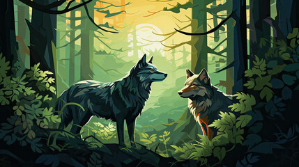 creative illustration of several wolves in the forest at night. Generative AI