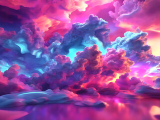 Fabulous evening landscape, 3d render abstract fantasy background colorful paint sky, colorful paint sky with neon clouds