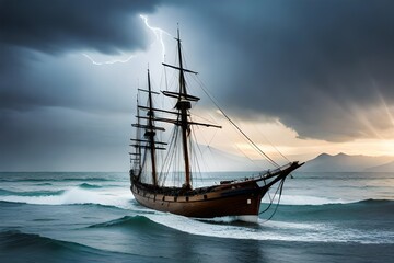 Sailing old ship in a storm sea in the background stormy clouds with lightning. Ai generated