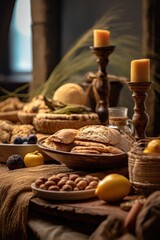 Harvest Feast - Bountiful Table of Fresh Bread, Fruits, and Vegetables