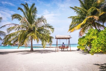 Man sitting on a wooden swing on a tropical beach in Maldives