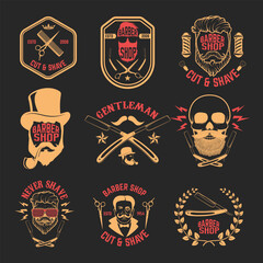 Set of Barber shop emblems. Design elements for logo, label, emblem, sign, badge, brand mark. Vector illustration.