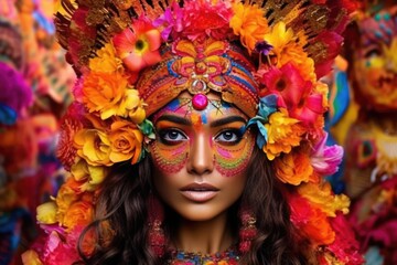 Colorful and Beautiful Indian Woman Adorned with Festive Paint and Flowers Fictional Character Created By Generative AI.