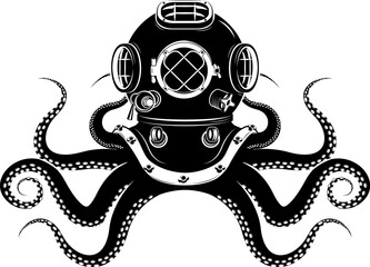Born to dive. octopus with diver helmet and two tridents. Template for t-shirt print. Vector illustration.