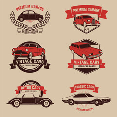 Set of  retro car service emblems. Vintage vehicle, repair automotive, tuning and restoration. Vector illustration