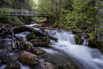 Long exposure of a river under a wooden bridge surrounded by lush greenery