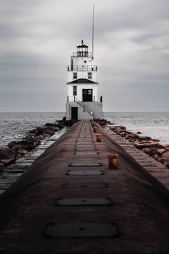 Picturesque View Of Manitowoc North Breakwater Lighthouse In Manitowoc County, Wisconsin