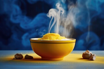 Steaming bowl of food with a cracked open yellow bowl, revenge style - obrazy, fototapety, plakaty