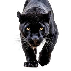 A majestic black panther walking towards the camera in the wild. Isolated background. Transparent PNG. Generative AI - obrazy, fototapety, plakaty