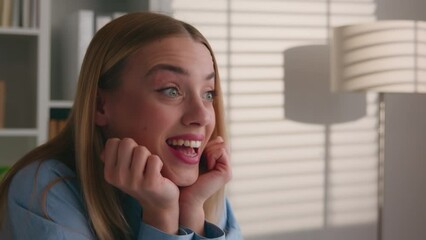 Close up happy excited inspired female Caucasian young woman rejoice with good news dreaming shout scream with amazing opportunity achieve business lady businesswoman in office winning reaction wow