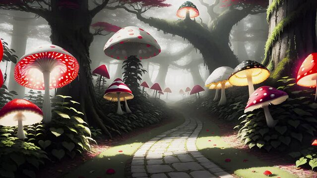 Mushroom forest of fly agaric in dense fog, created using artificial intelligence.