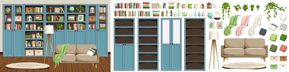 Living room interior with blue bookcases and a beige sofa. Scandinavian interior design. Furniture set. Interior constructor. Cartoon vector illustration © naddya
