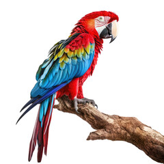 A vibrant parrot perched on a tree branch against a colorful backdrop. Isolated background. Transparent PNG. Generative AI