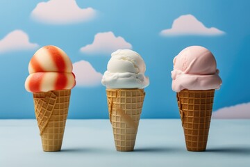 Three Different flavors of ice cream in waffle cones