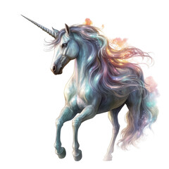 Obraz na płótnie Canvas A majestic white unicorn with a vibrant rainbow mane standing proudly. Isolated background. Transparent PNG. Generative AI
