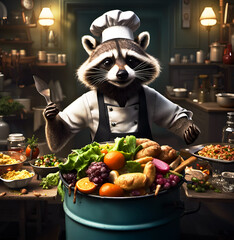 Raccoon chef fixing culinary creations. One's trash is another's treasure concept. - 628902124