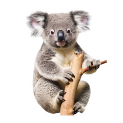 A cute koala perched on a tree branch in the wild. Isolated background. Transparent PNG. Generative AI