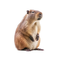 A capybara sitting upright on its hind legs in a natural setting. Isolated background. Transparent PNG. Generative AI