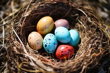 Obraz premium A Bunch of Colorful Easter Eggs in a Nest