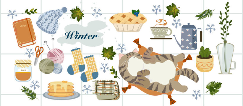 Winter season. Vector illustration of a chill day. With a fat cute cat sleeping on a soft pillow and home decor items and sweets, hot tea, and leaves. Illustration for poster, card, or background.