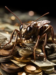 Ant with coins. Savings concept. Generative AI