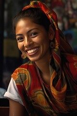 Smiling woman wearing colorful scarf and jewelry Fictional Character Created By Generative AI.