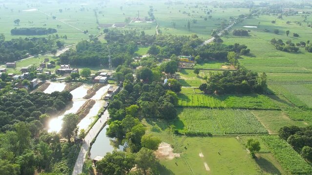 Aerial drone shot of an indian village with lush green farms and small houses