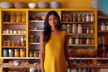 A woman is standing in a well-stocked spice rack, smiling and posing in front of a variety of jars. Fictional Character Created By Generative AI.