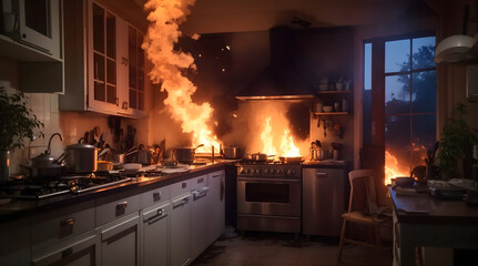 キッチンで火災、住宅火災｜Fire in the kitchen, residential fire. Generative AI