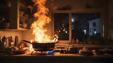 キッチンで火災、住宅火災｜Fire in the kitchen, residential fire. Generative AI - obrazy, fototapety, plakaty