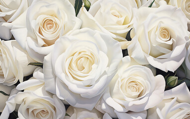 Obraz premium White roses bouquet illustration. Top view. 