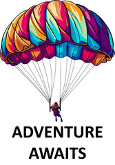 Rainbow Parachute Rider Digital Illustration With Typography Quote Adventure Awaits