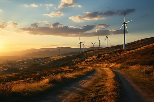 Windmills at sunset on a hill, generative ai