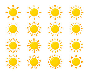 yellow sun icon Simple cartoon style design. The rays of the sun in summer