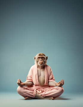 Calm looking monkey wearing simple clothes, sitting on ground in lotus like position. Zen meditation concept, vertical banner with copy space above. Generative AI