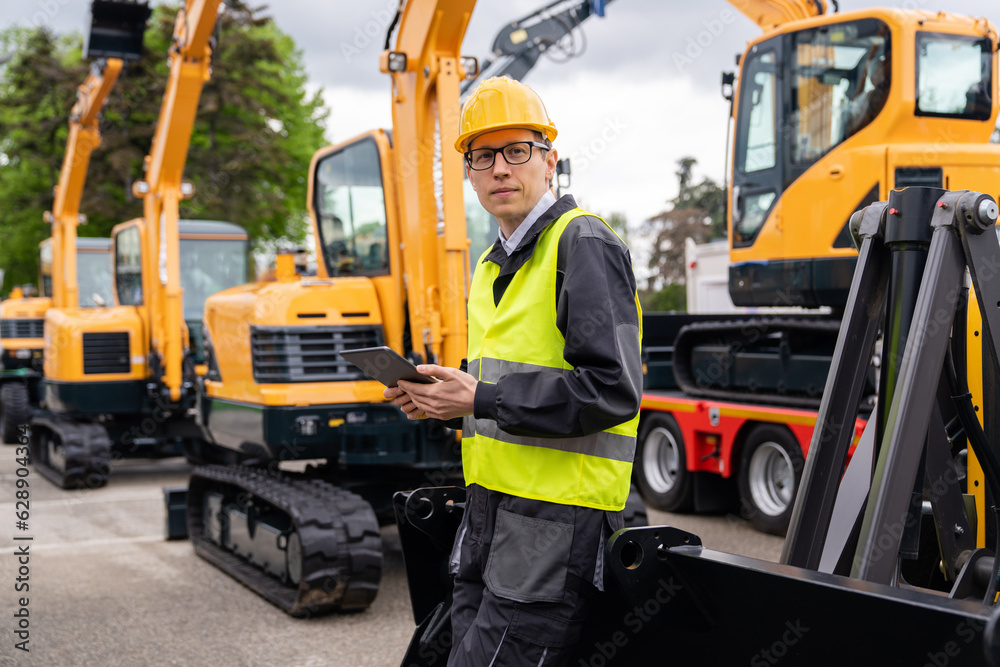 Poster engineer in a helmet with a digital tablet stands next to construction excavators.