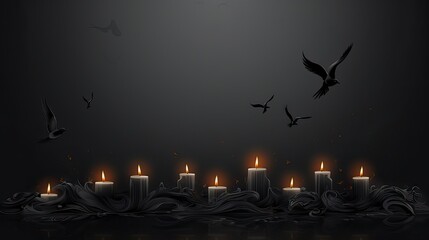 Burning candles with flying birds on black background. 