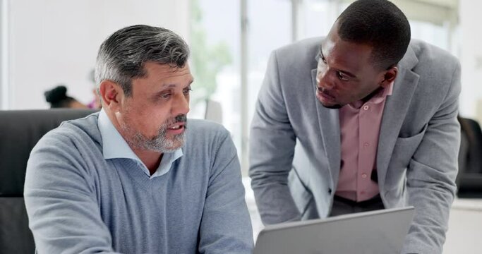 Laptop, coaching and advice with business people in office for planning, website design and review. Creative, digital and collaboration for employees helping for feedback, training and consulting