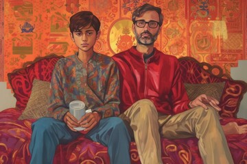 Fototapeta premium A father and son sitting together on a couch, bonding over a cup of coffee. Fictional Character Created By Generative AI.